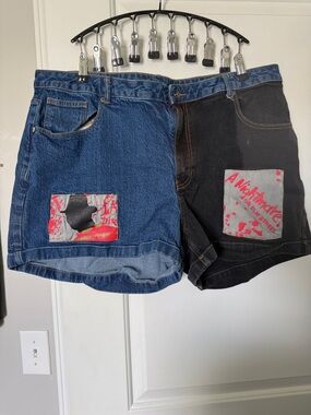 Hot Topic Two-Tone Blue and Black Patch Denim Shorts